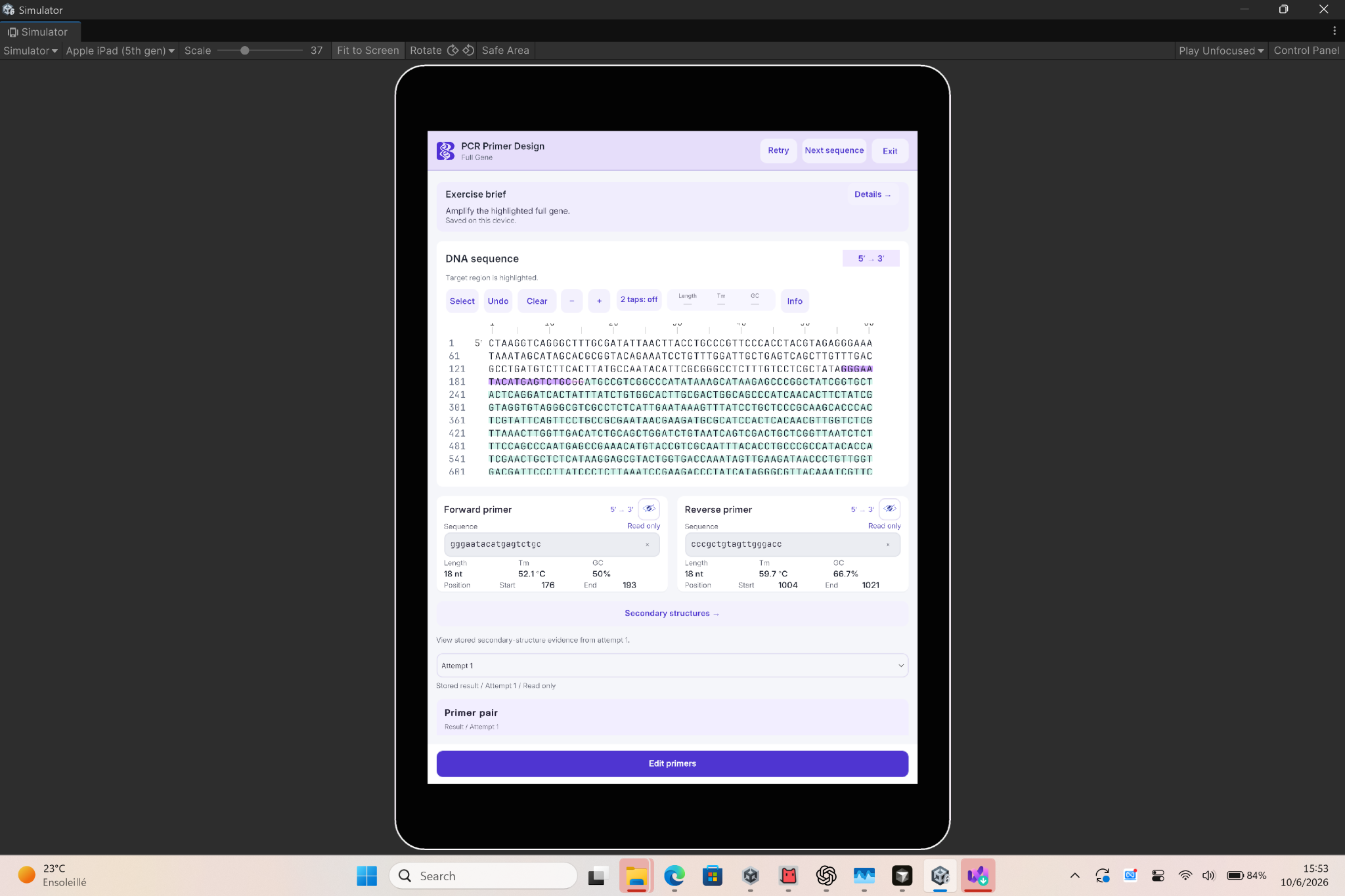 Version tablette : séquence ADN et sélection des amorces de l’exercice PCR.